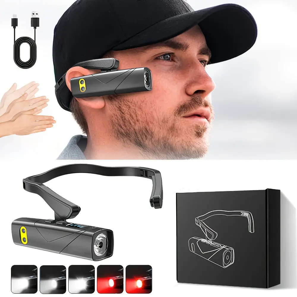 Ear-mounted headlamp, Usb rechargeable headlamp, Hiking headlamp, ear clip light, wave-activated light, Usb rechargeable lights, 5 lighting modes, 1000mAh lithium battery, 360° adjustable lamp head, suitable for outdoor activities