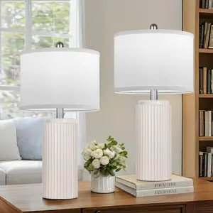 23.5'' Farmhouse Table Lamps for Living Room Set of 2, Modern Elegant Ceramic Bedside Nightstand Lamps with White Linen Shade for Bedroom, Coastal Lamps Set for Mother's Day Gift
