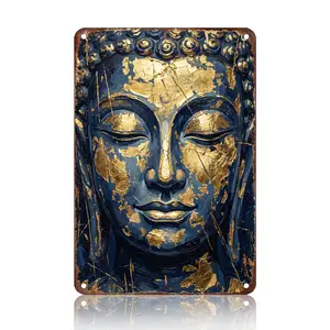 Luhery Artistic Buddha Face Metal Sign - HD Printed Blue and Gold Zen Wall Art Plaque, Waterproof Durable, Easy-to-Hang, Blue-Themed Modern Home Signs for Living Room, Meditation Room, 8x12in (20x30cm), Blue-Themed Home Signs