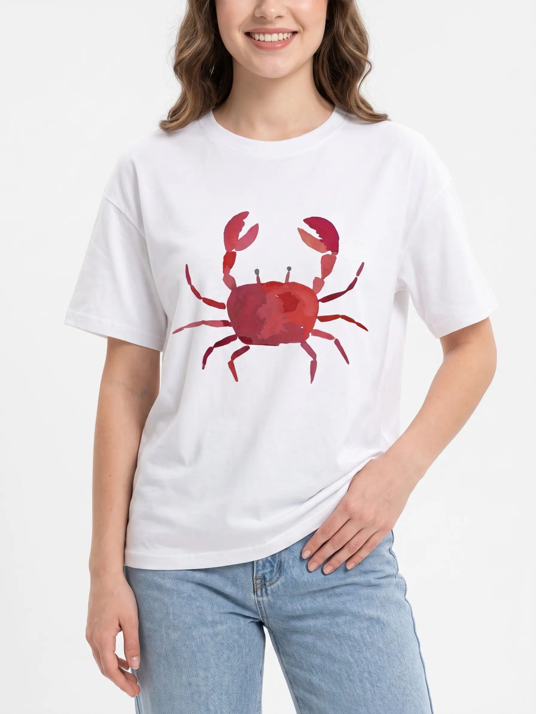 Women's Red Crab Print T-Shirt - Breathable H-Line Loose Fit Short Sleeve Round Neck Top with Tropical Crab Pattern, Beachwear Casual Summer Blouse for Crab Lovers & Seafood Enthusiasts (Spring Summer Fall)