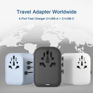 Travel Adapter Worldwide, GaN International Portable Travel Adapter 4-Port Fast Charge (2USB-A+2Type-C) - Compatible with EU/UK/US/AU/JP/IN/Bali 180+ Countries - Works with Phone/Camera/Tablet - Foldable Plug Design