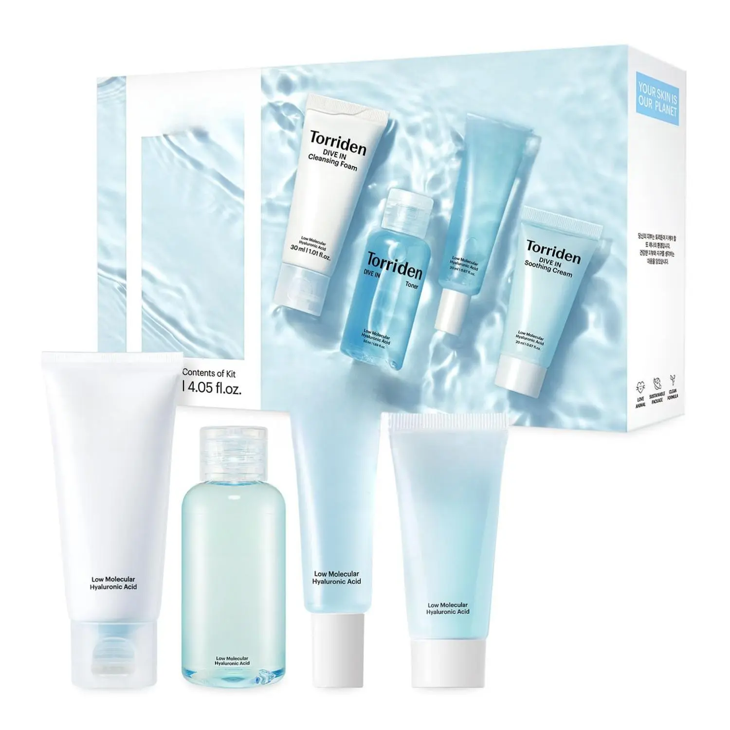 Torriden DIVE IN Trial Kit - 4 Step Korean Skincare Routine with Hyaluronic Acid Infused Cleanser Toner Serum & Cream for Deep Hydration