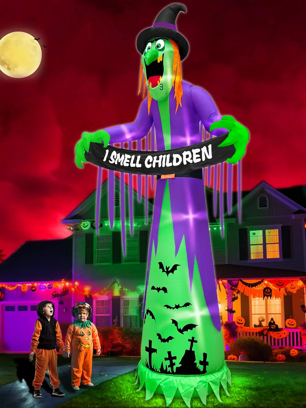12FT Giant Halloween Inflatables Witch Decorations for Outdoor Garden Scary Witch Holds I Smell Children Banner LED Lights Blow Up Yard Halloween Decor Lawn Holiday Party Home with Stakes Tether