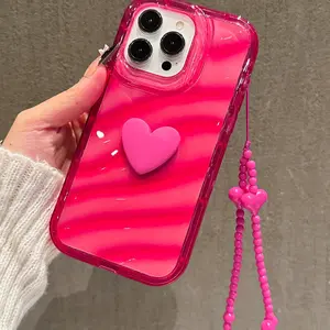 Rose 3D Heart Wave Shockproof Phone Case with Fashion Strap, Compatible with Apple iPhone 11 12 13 14 15 Pro Max, Valentine's Day Gift
