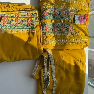 Pakistani Design Kurtha Set in Mustard Yellow with Cotton Lining, Embroidery, Crochet Lace Design & Lace Detail, Casual Womenswear