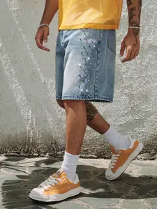 Y2K Colorful Rhinestone Washed Jean Shorts Streetwear Vintage Knee Length Hip Hop Denim Shorts Jorts