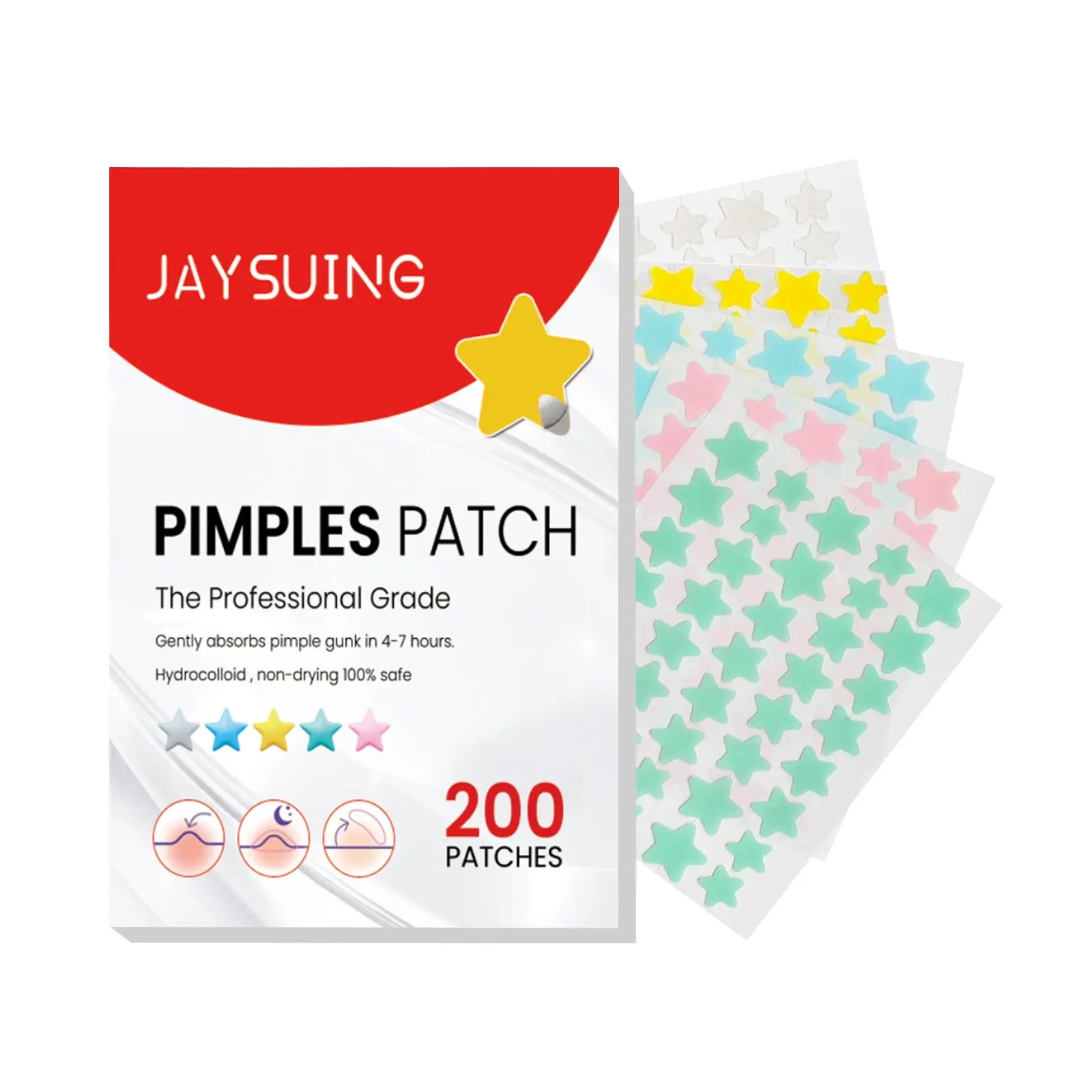 Pimple Patches for Face, Hydrocolloid Acne Patches, Cute Star Zit Covers, Colorful Spot Stickers with Tea Tree, Salicylic Acid & Cica Oil| 3 Sizes (10mm, 12mm & 14mm) |200 Count