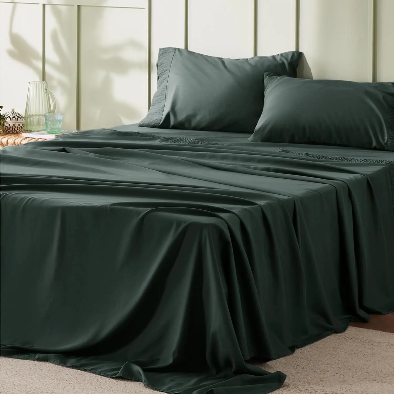 Queen Size & California King Cooling Polyester Microfiber Sheet Set - 4-Piece, Breathable, Softness, Wrinkle Resistant, Plain Weave, Ruched Hems, Easy Care Bedding for Adults - Forest Green, Polyester Fiber