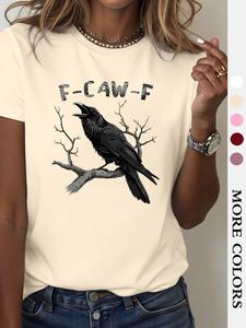 women's raven & feather print round neck tee, fashion casual shortsleeve  crew neck t-shirt for daily holiday vacation outdoor wear, ladies clothes for all seasons, womenswear