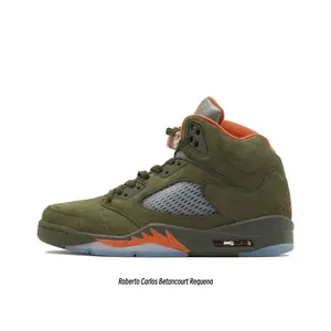 Olive Green Suede High-Top Retro Basketball Shoes with Silver-Gray Mesh and Orange Sawtooth Accents