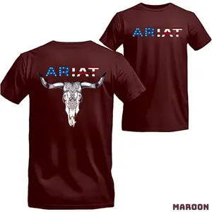 Ariat American Flag Bull Head T-Shirt ??Western Cowboy Graphic Crewneck, Comfortable Unisex Tee for Streetwear
