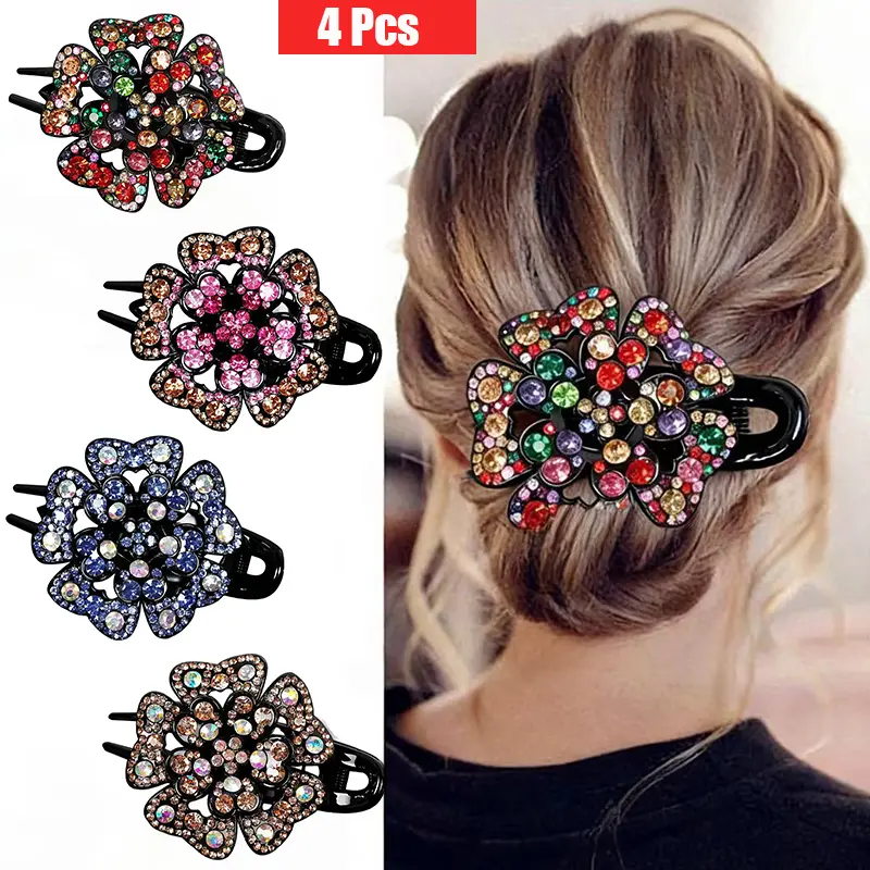 4PCS Rhinestone French Hair Clips for Women Thick Hair No Slip Curved Claw Clips Strong Hold Flat Hair Clip