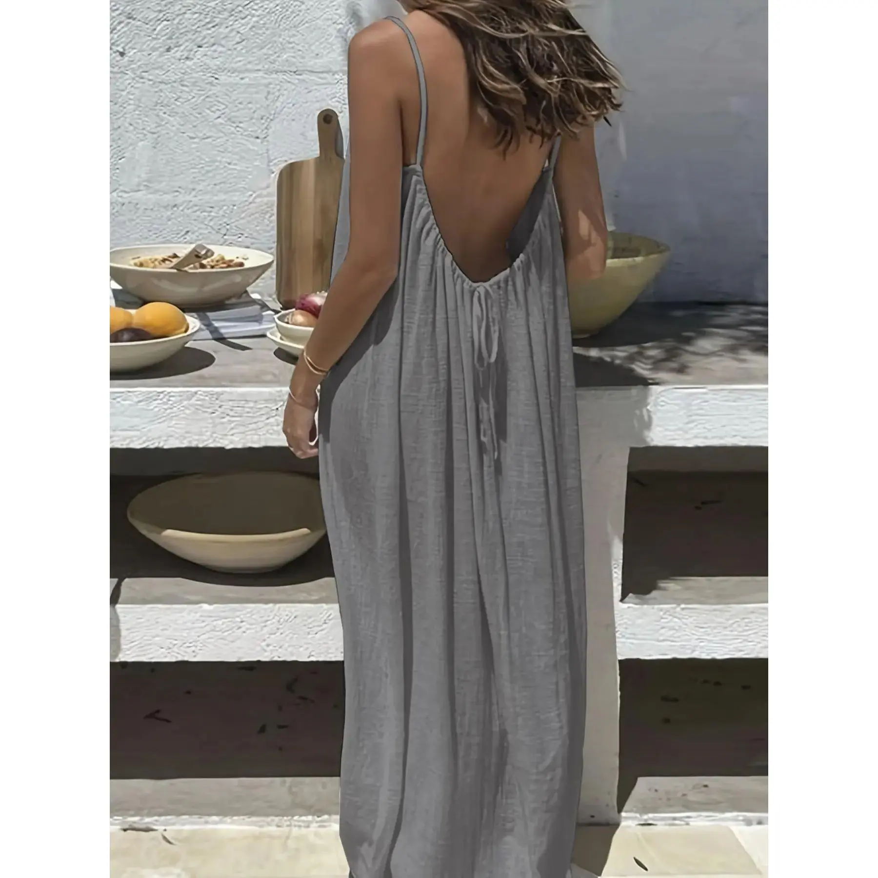 2026 New Plus Size Women's Backless Camisole Dress - Baggy, Oversized, Casual Clothes, Sleeveless, V-Neck, Medium Stretch Fabric, Straight Hem, Random Print, Elegant Spring/Summer Home Wear, Beach Cover-Up, Basic, Loungewear