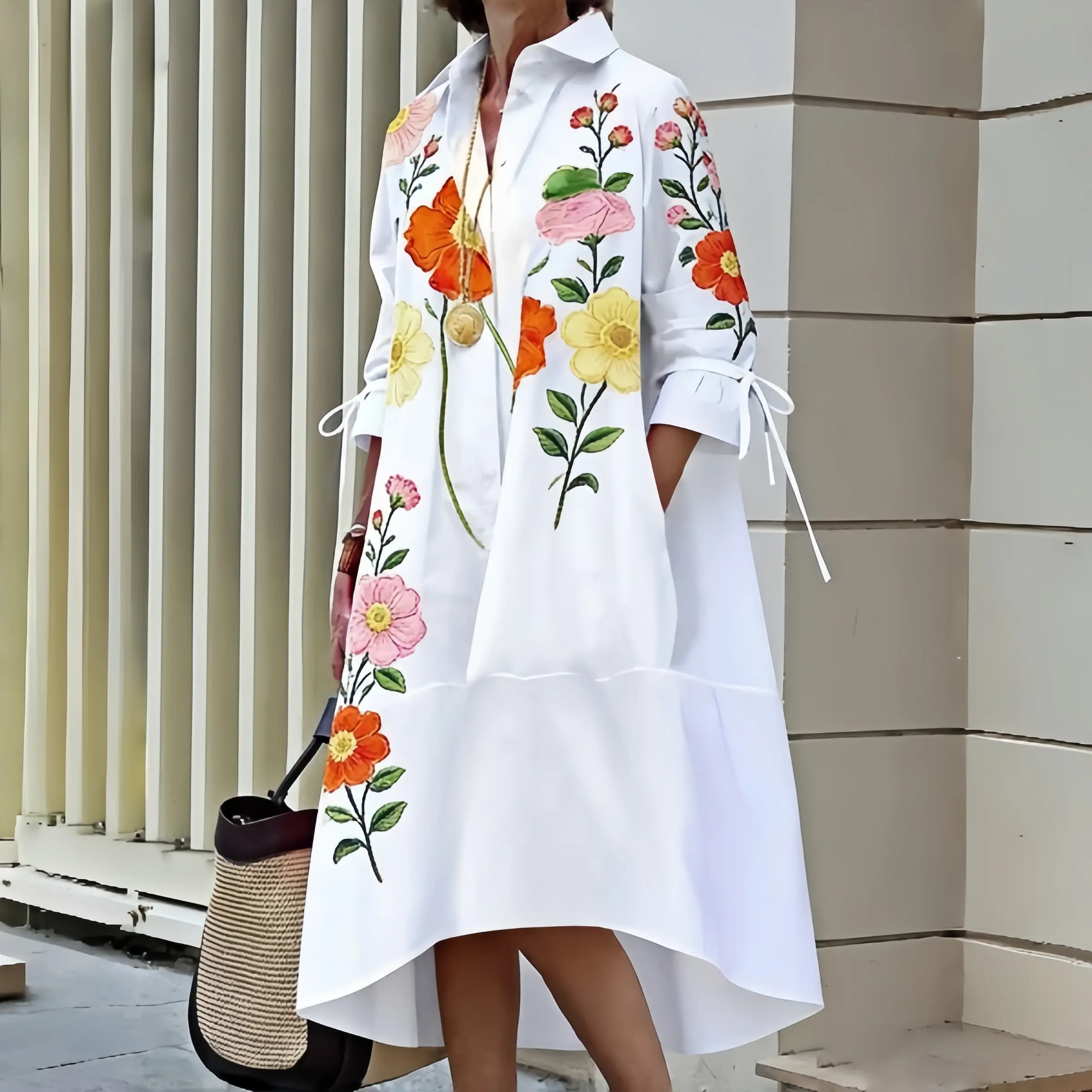 Women's 2026 Summer Boho Floral Printed High Low Shirt Dress, Button Front 3/4 Sleeve High Low Hem Dress, Loose Fit Summer Casual Dress with Pockets, Size Down for Slim Look, summeroutfits, vacationoutfits,beachoutfits