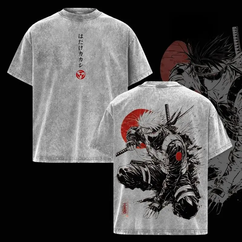Kakashi Hatake T-Shirt Washed Vintage Naruto Anime Oversize Streetwear Tee Sharingan Ninja Graphic Unisex Heavyweight Cotton Top Gift for Anime Manga Fans Oversized Crewneck