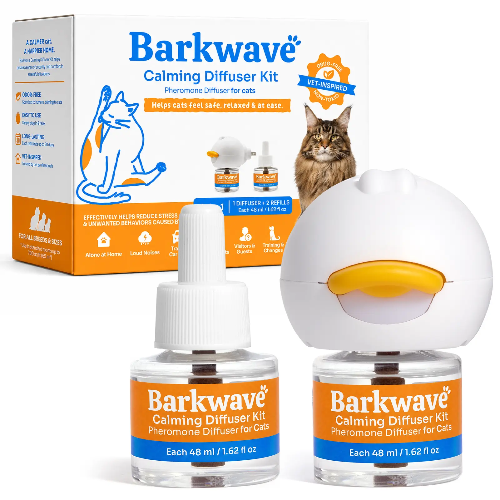 Barkwave Cat Calming Pheromone Diffuser, 1 Plug-In + 2 Refills, 60-Day Supply, Fragrance-Free, Up to 700 Sq Ft