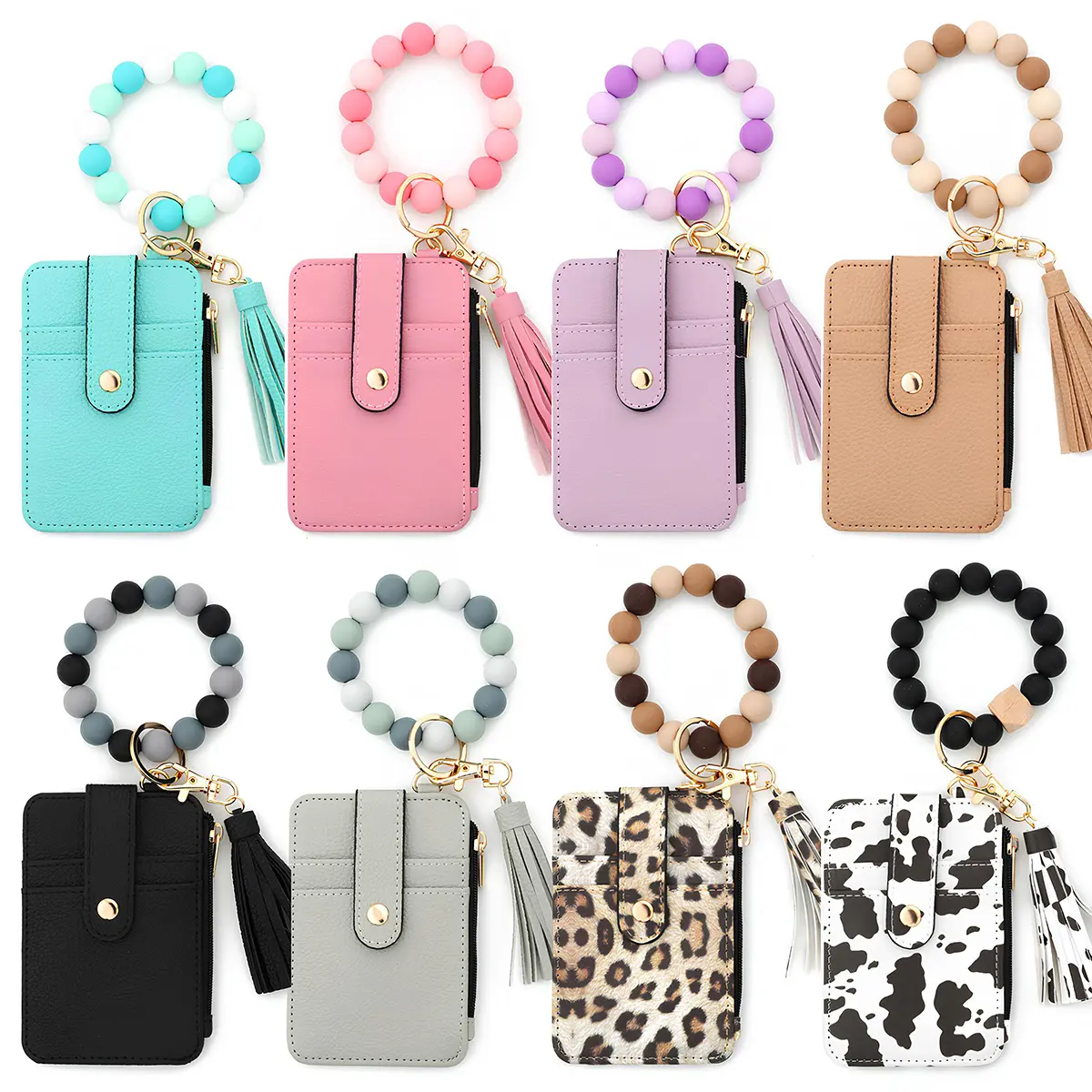 Boho Beaded Tassel Keychain Wallet Wristlet – Silicone Bracelet Key Ring with Card Holder for Women Girls Gift