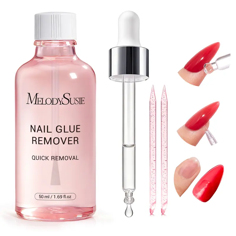 MelodySusie 50ML Nail Glue Remover for Press on Nails, Acetone Free Nail Polish Remover Multi-Functional Remover for Acrylic Tips Gentle Glue Remover with Stick