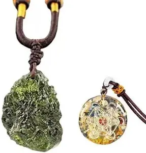 Moldavite Pendant Aerolites Raw Meteorite Necklace AND Orgone Merkaba Metatron Cube Pendant Emf Necklace(Set of 2)