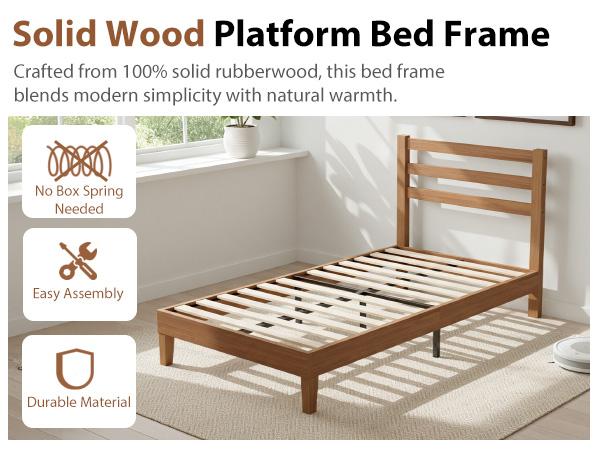 Wood Bed Frame with Headboard - Walnut Finish, Solid Wood Slat Support System, No Box Spring Required Wood Bed Frame with Headboard - Walnut Finish, Solid Wood Slat Support System, No Box Spring Required