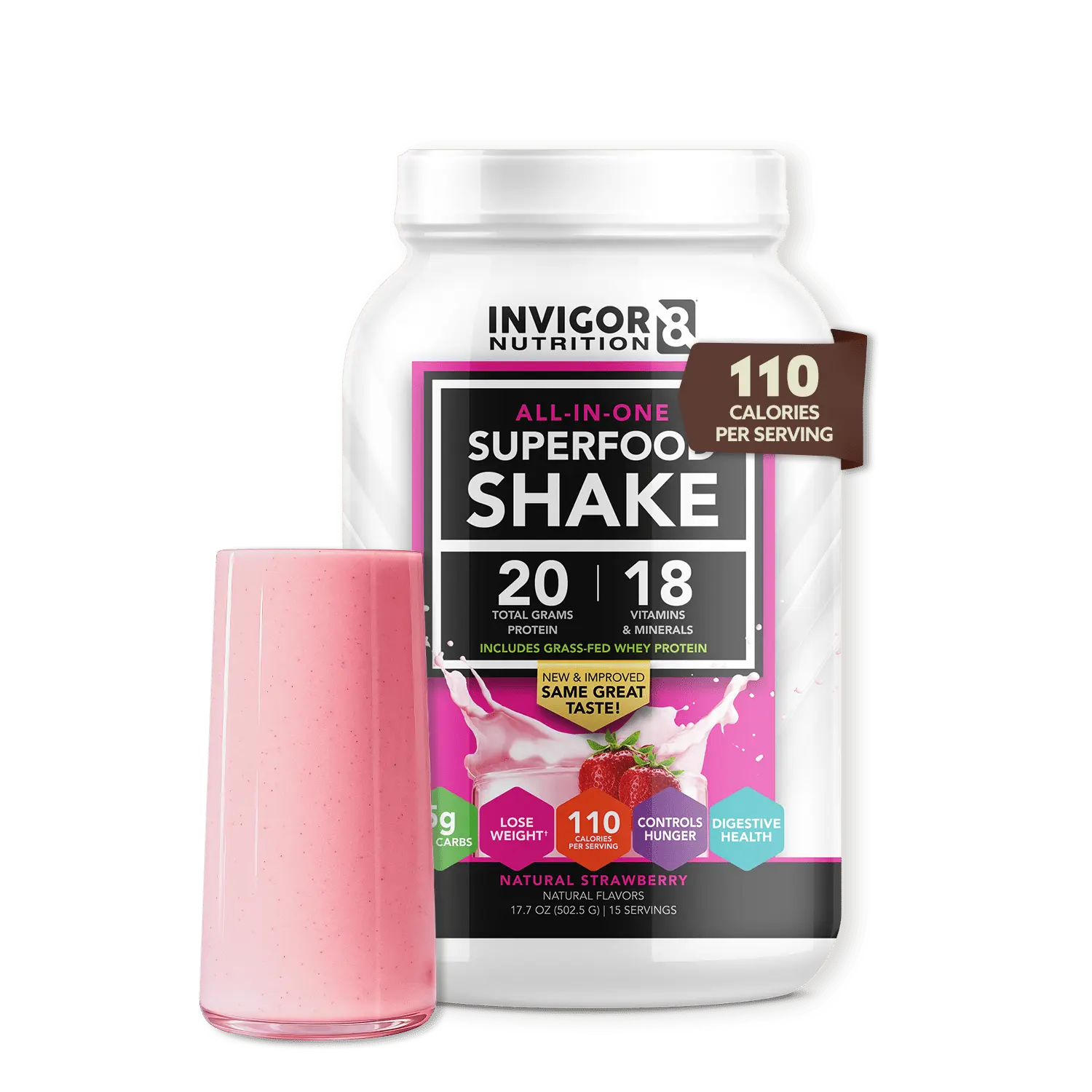 Invigor8 Nutrition Natural Strawberry Superfood Shake - 20g Protein 18g Vitamins & Minerals - 110 Calories per Serving - Grass-Fed Whey Protein