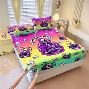 Neon Gradient Gothic Skeleton Skull Fitted Sheet Set,Hideaway Bar Pixel Print Bed Sheet Set,Includes 1 Deep Pocket Fitted Sheet & 2 Pillowcases,Soft Breathable Bedding for Bedroom Dorm & Guest Room,Perfect Gift for Skull Gothic & Halloween Lovers