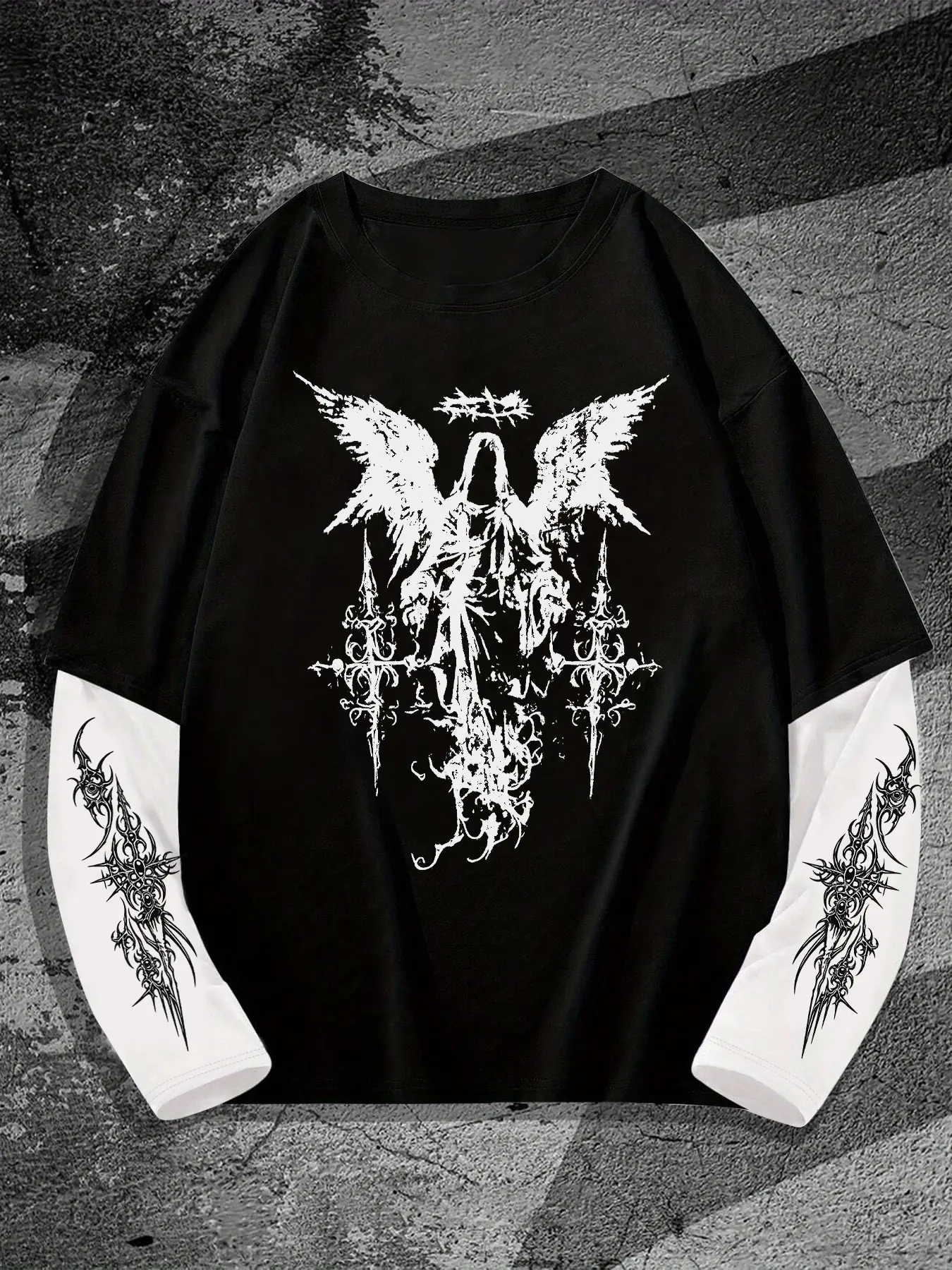 Men's Gothic Angel Graphic Fitted Long Sleeve Knitted Crewneck Tee - Vintage Punk Fake Two-Piece Black & White T-Shirt Casual Streetwear Knitwear Menswear