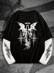 Men's Gothic Angel Graphic Fitted Long Sleeve Knitted Crewneck Tee - Vintage Punk Fake Two-Piece Black & White T-Shirt Streetwear Knitwear Menswear