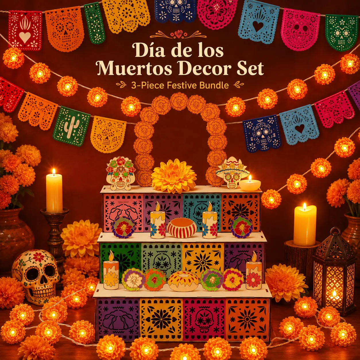 3-Piece Day of the Dead Decoration Set, Wooden Memorial Altar Photo Frame, 3M Marigold Flower String Lights and Colorful Hanging Banner, Memorial Party and Home Decor