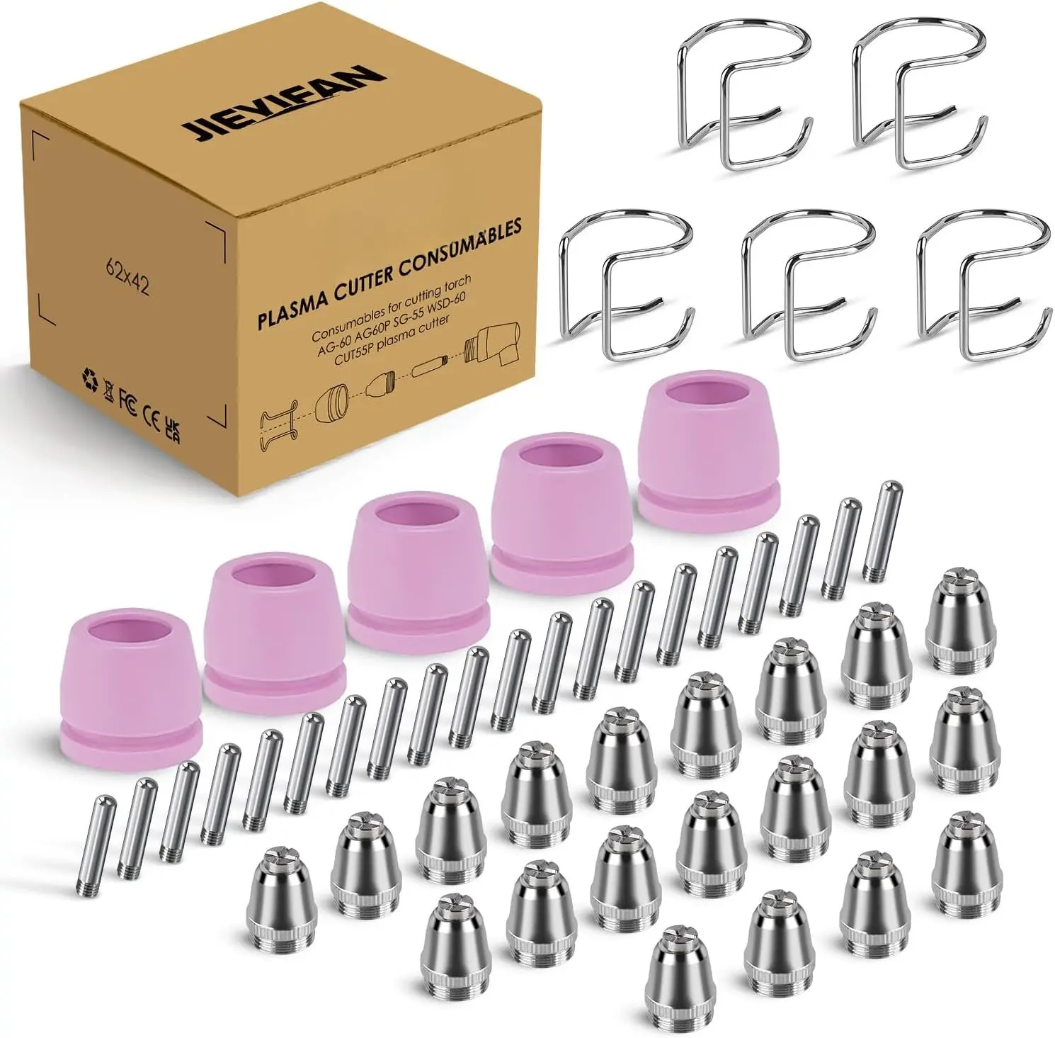 50-Count AG60P Plasma Consumables Kit with Tips and Nozzles for Home Use, Compatible with AG60, WSD60, CUT55P Plasma Cutters