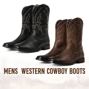 CYNLLIO Cowboy Boots for Men Western Square Toe Retro Leather Embroidery Casual Chunky Heel Wide Calf Pull On Country Dance Fall Winter Boots