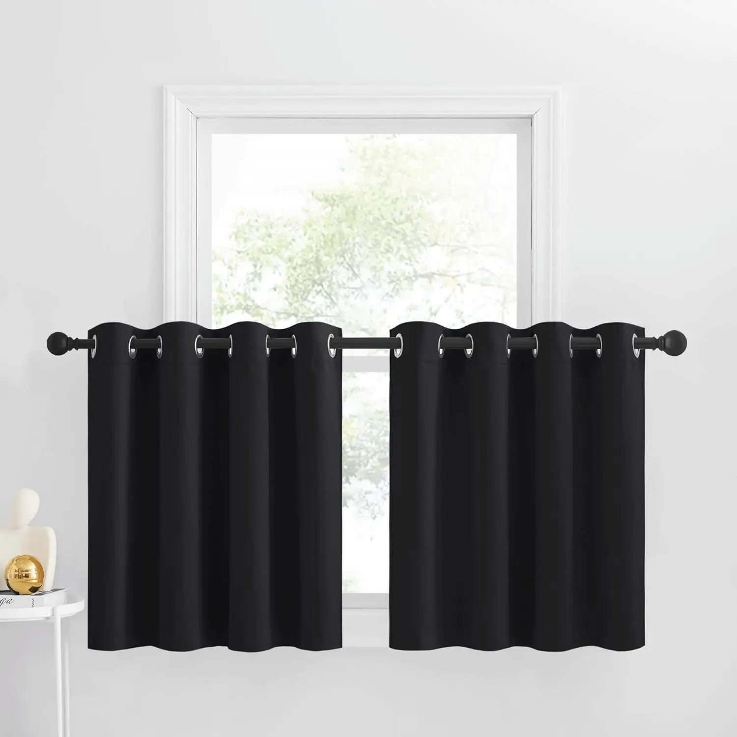 NICETOWN Short Tiers Blackout Curtains for RV Bedroom Windows, Room Darkening Grommet Curtain Tiers for Basement/Bedroom/Halloween Decor, 52 W x 30 L, Black, Set of 2