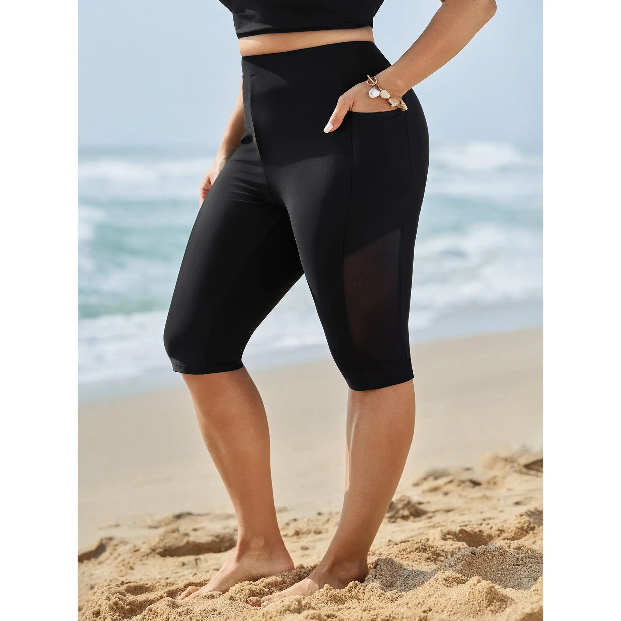 BLOOMCHIC Plus Size Mesh Spliced Pockets Tummy Control Skinny-Fit Swimmingshorts, 2026 Summer Turn-Up Mother's Day Pick, Sizes M-6X Swimmingtrunks Swimtrunks 2026 Summer Vibes Swimweek summerwins, Swimwear Shorts, Plus Size Swimsuits,
