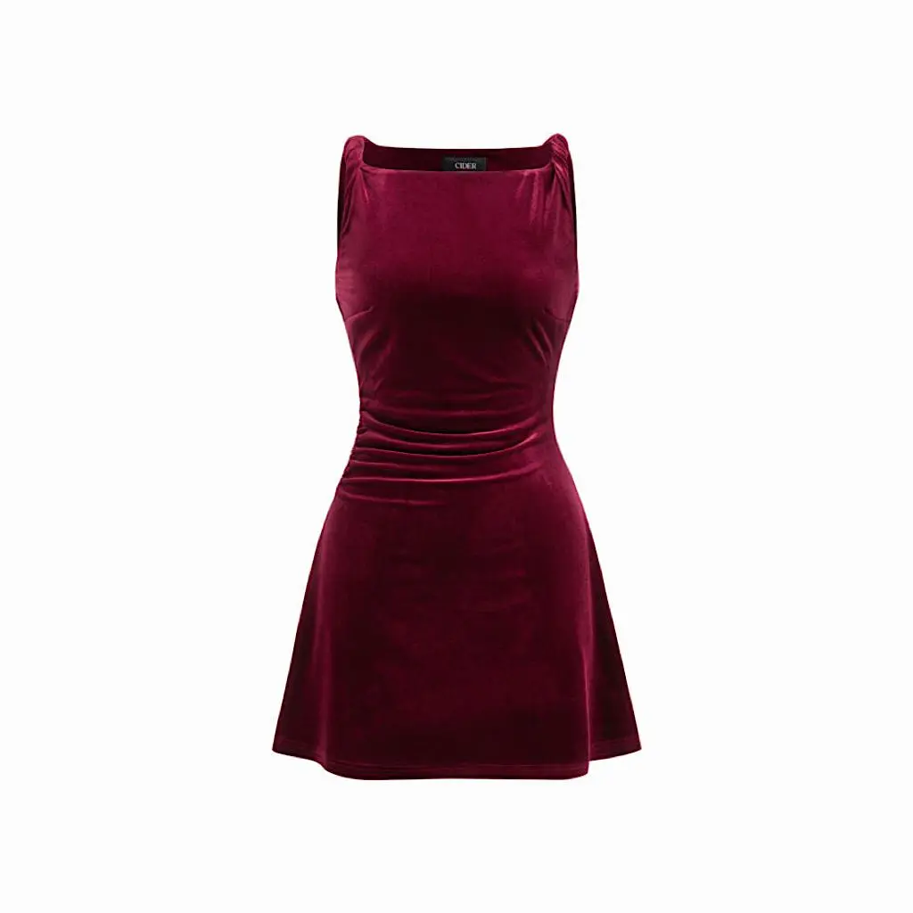 Cider Women's Solid Sleeveless Velvet Ruched Bodycon Boat Neck Mini Dress - Casual, Party, Clubbing Wear for Lady