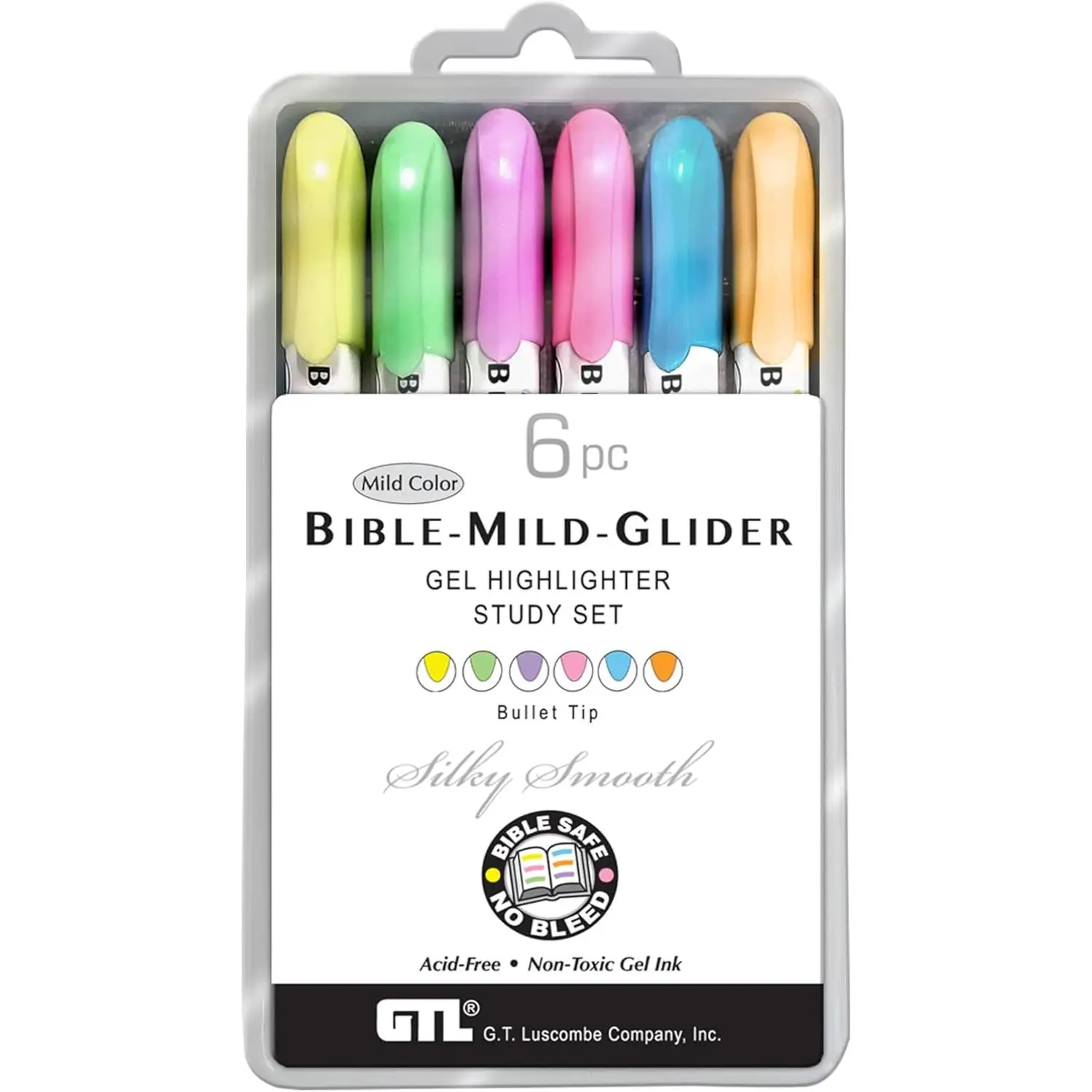 G.T. Luscombe Company Inc. Bible Mild-Glider Gel Highlighter 6-Piece Set Pack, Archival Quality, No Bleed Solid Tip, No Smearing/Fading, Long-Lasting Translucent Dry Marker with Gel Ink for Study Bible, Journaling Supplies & Color Coding