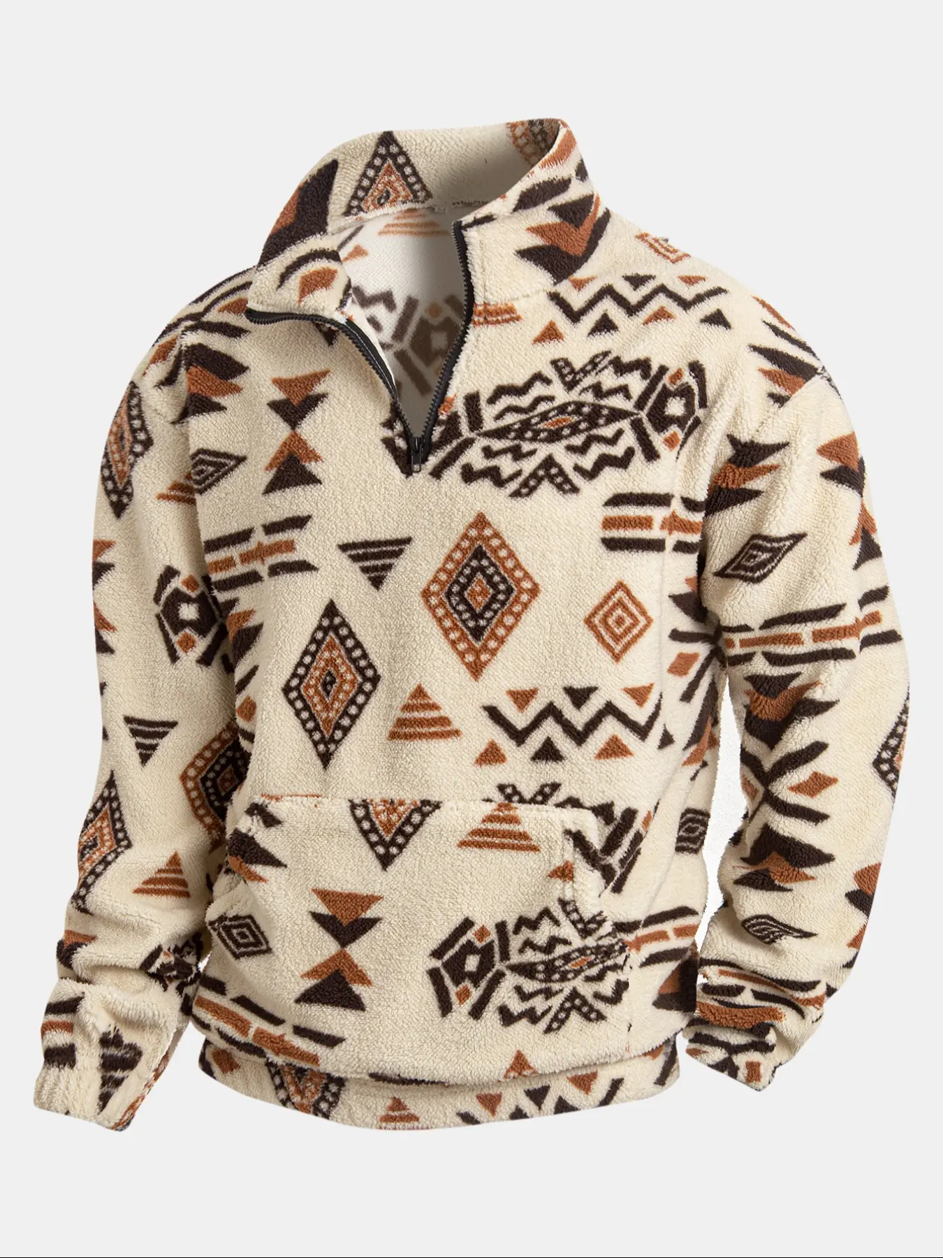 Men's Flannel Ethnic Geometric Print Graphic Hoodie, Sweatshirts, High Neck Long Sleeve Half-Zip Fitted Pullover with Pocket, Warm Autumn Winter Casual Sportswear Tops