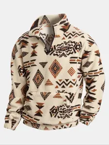 Men's Flannel Ethnic Geometric Print Hoodie, Sweatshirts, High Neck Long Sleeve Half-Zip Fitted Pullover with Pocket, Warm Autumn Winter Casual Sportswear