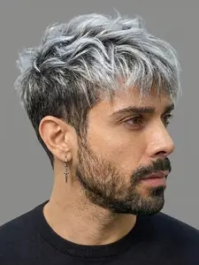 Fashion Men's Mixed Short Curly Wig with Side Bangs, Rose Net Synthetic Fiber, Natural Look for Daily Wear, Cosplay, Halloween, Party, Kinky Curly Wig