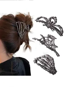 3pcs Spider Web Skeleton Hand Skull Pattern Hair Claw Clips, Hiphop Metal Large Medium Size, for Thick Thin Hair, Headband Barrette, Party Gift, Hair Accessory