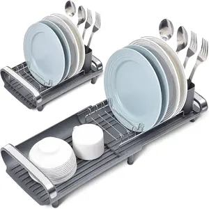 Compact Dish Drainer, Stainless Steel Dish Drying Rack with Removable Cutlery Holder, Anti Rust Plate Rack, Small Sink Drainer for Sink or Kitchen Countertop
