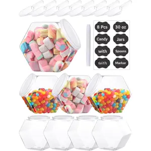 8 count 30oz Plastic Candy Jars with 8 count Spoons, 16 count Label Stickers & 1 count Marker, Hexagon Candy Containers with  for Candy Buffet, Kitchen Storage Containers Set (5.2"x4.7"x3")