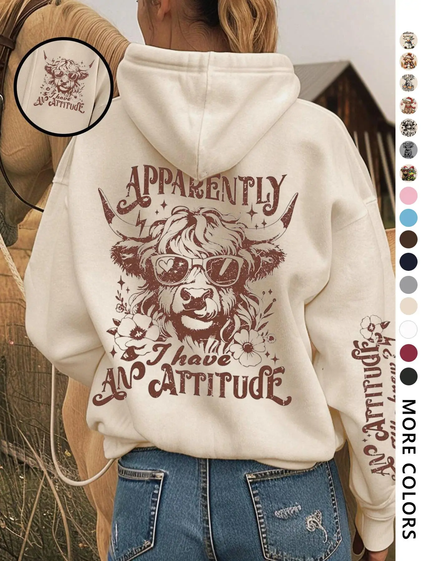 Western Highland Cow Hoodie Women Fitted Everyday "Apparently I Have An Attitude" Graphic Sweatshirt, Funny Sassy Vintage Chic Casual Pullover for Fall Winter