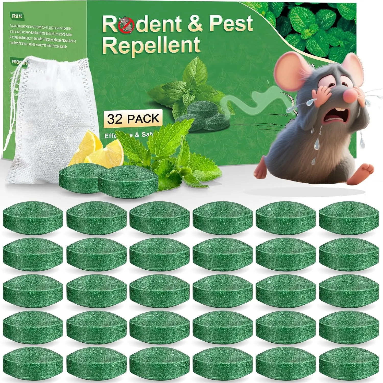 Mouse Rodent Repellent, 32 Pack Peppermint Oil Mice Repellent for Mice, Rats, Squirrels, Spiders and Pests, Indoor/Outdoor Natural Mouse Deterrent, Keeps Rodent Away from Garden & Home (Mint)