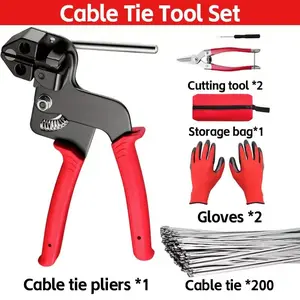 6 PCS Heavy-duty 304 Stainless Steel Tie-Down Gun Kit with Steel Cable Tie Gun Metal Scissors Cable Tie Remover Industrial Gloves 200 Metal Ties Bag for Fences Chicken Coops Cable Bundling Exhaust Repair