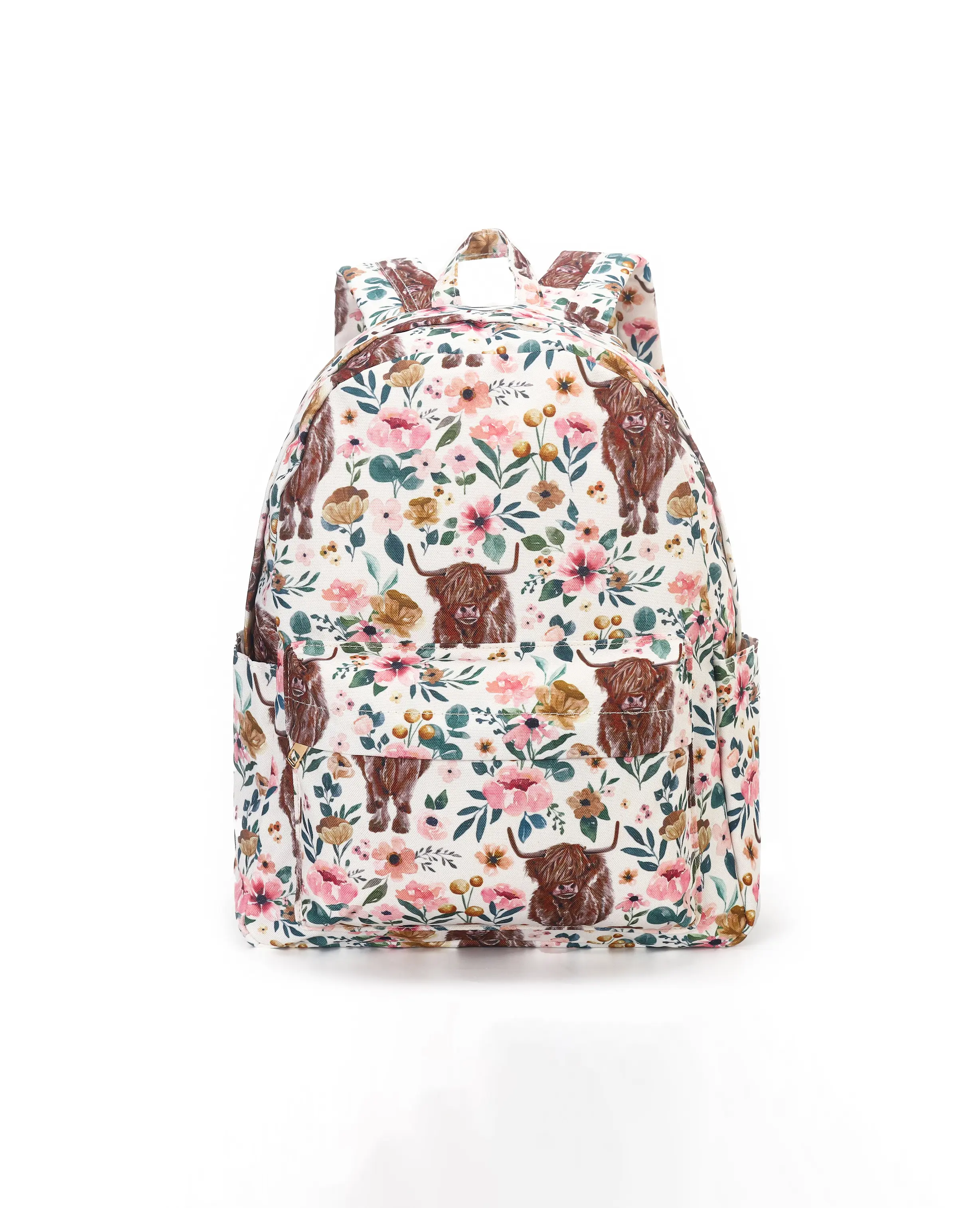 Girl's Lightweight Pink Floral Highland Cow Western Casual Printed Backpack, Childrens Bag, Youth Backpack