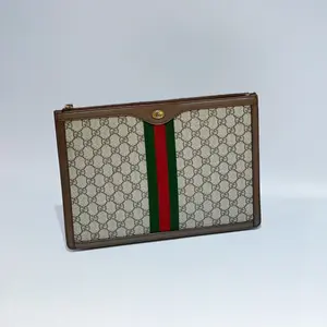 Pre-owned Coated Canvas Clutches & Wristlets Gucci Ophidia GG Large Portfolio – Beige/Ebeny Supreme Canvas with Green & Red Web
