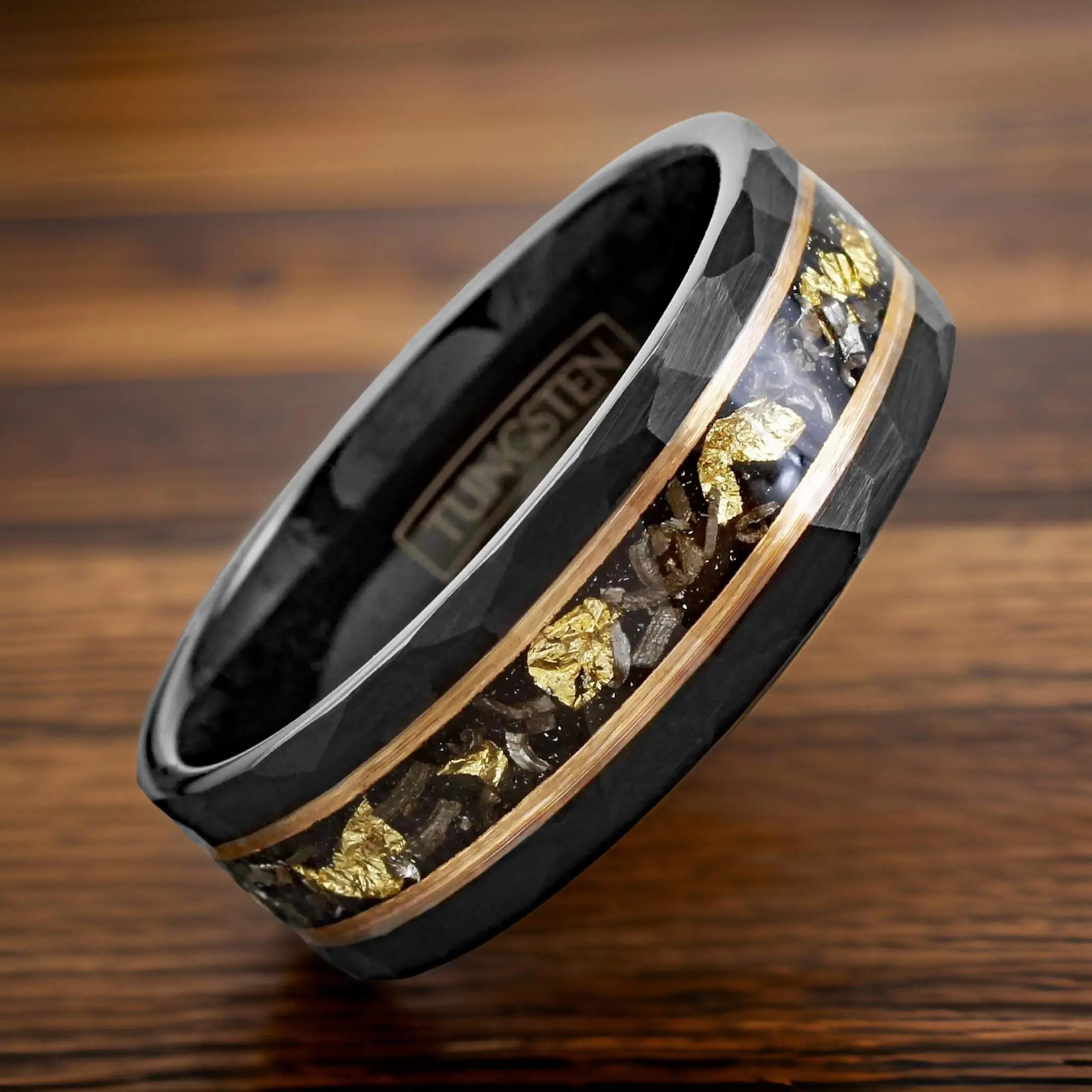 Black Tungsten Ring with Meteorite and 24k Foil Inlay