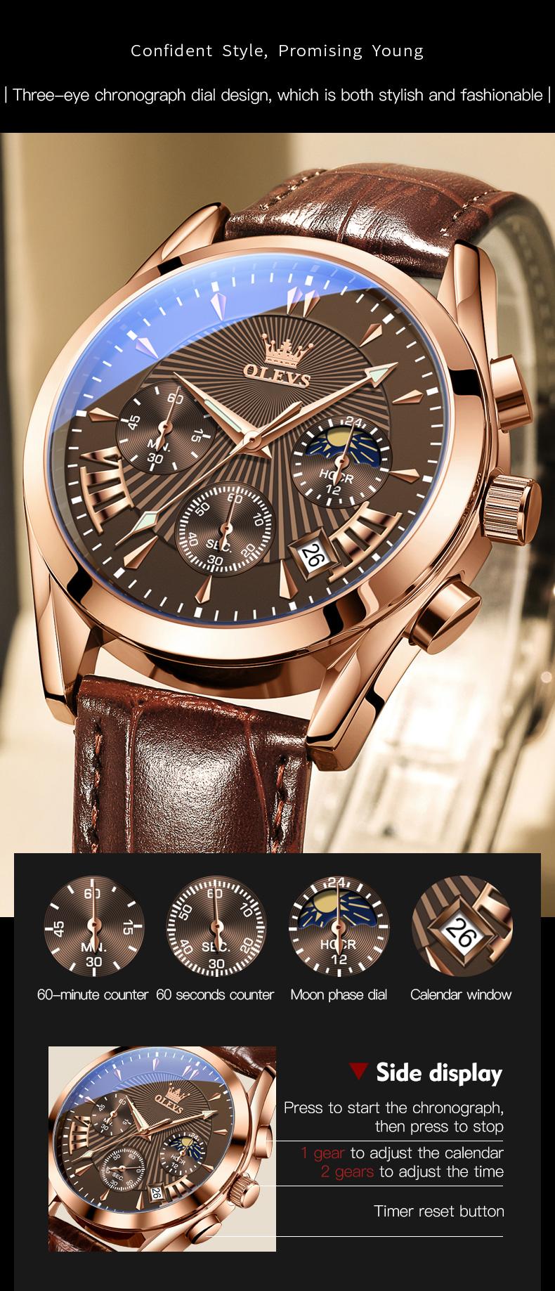 OLEVS Men’s Chronograph Watch Leather Strap Waterproof Quartz Wristwatch with Date Moon Phase Luminous Hands Business Casual Gift for Men 2876 OLEVS Men’s Chronograph Watch Leather Strap Waterproof Quartz Wristwatch with Date Moon Phase Luminous Hands Business Casual Gift for Men 2876