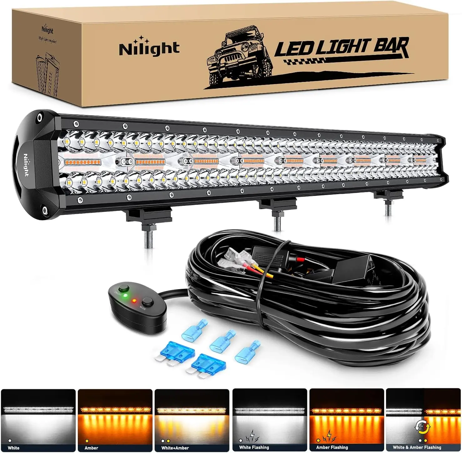 Nilight 26inch 540W Glossy Aluminum Housing LED Work Light - IP67 Rated Off Road Light Bar with 6 Modes (Amber, White, Strobe), Memory Mode, Multi-Beam Sync, 16AWG Wiring Harness Kit for Off-Road Truck, SUV