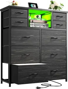 Raybee LED Light Dresser for Bedroom with 10 Fabric Drawers, Small-Space Storage Dresser Organizer with Charging Station, Tall Chest of Drawers with Open Wooden Shelves, LED Ambient Light Nightstand Console for Living Room, Hallway, Dorm & Apartment Décor